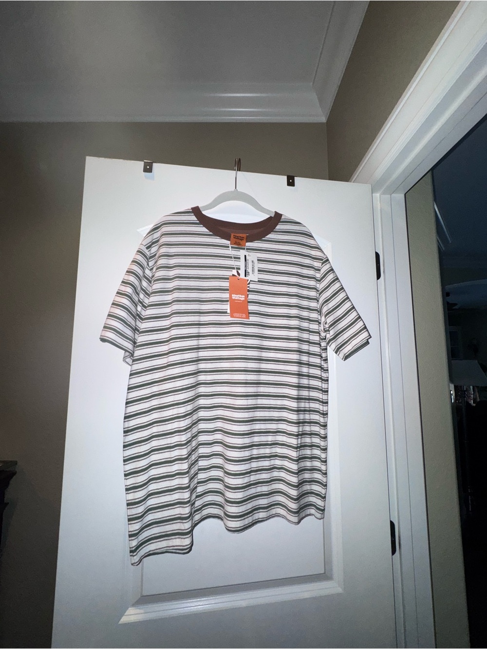 Rhythm Striped Short-Sleeve Tee in White, Olive & Brown Trim
